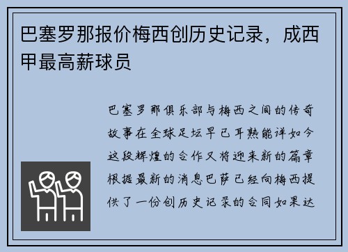 巴塞罗那报价梅西创历史记录，成西甲最高薪球员